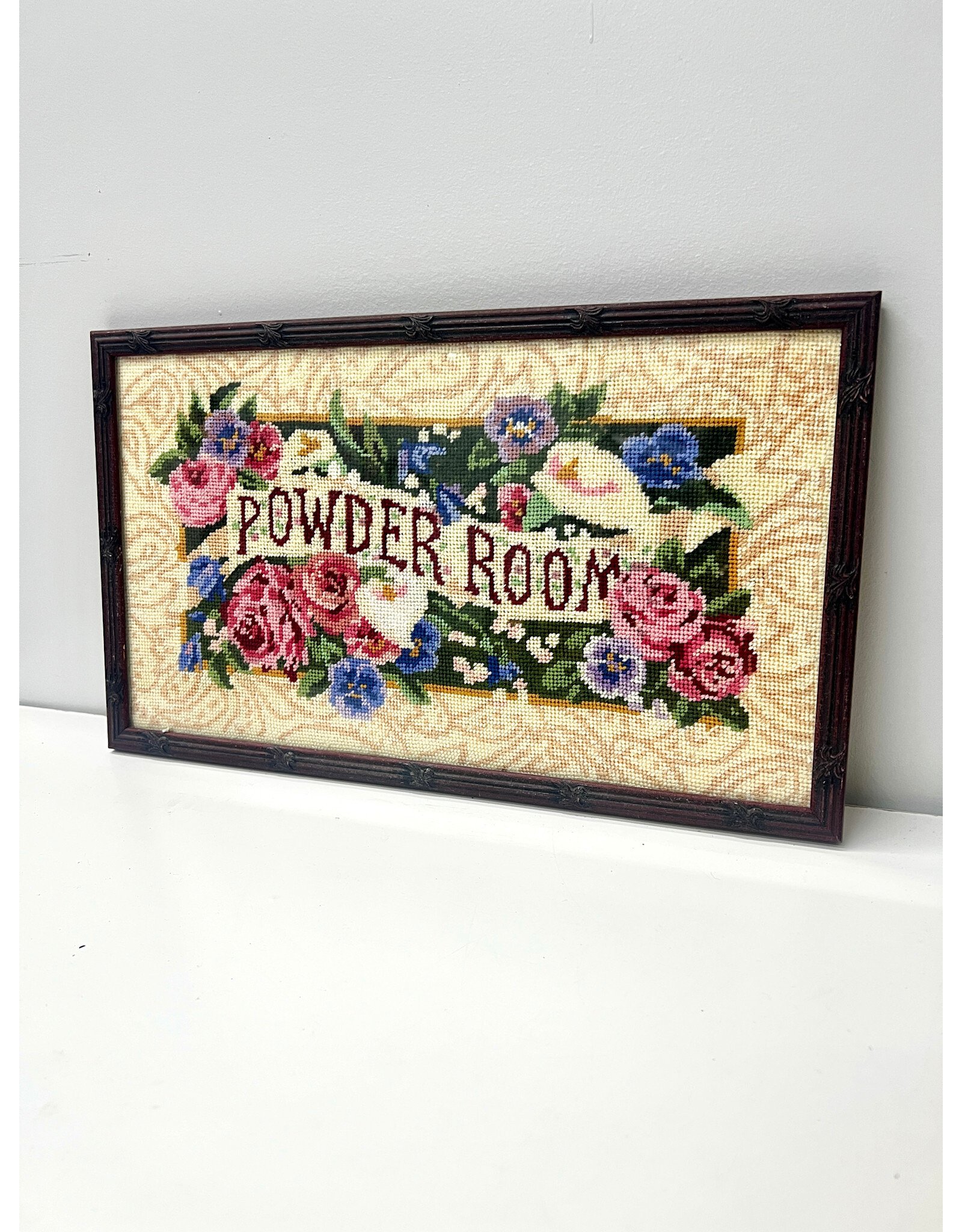 Powder Room, framed vintage needlepoint