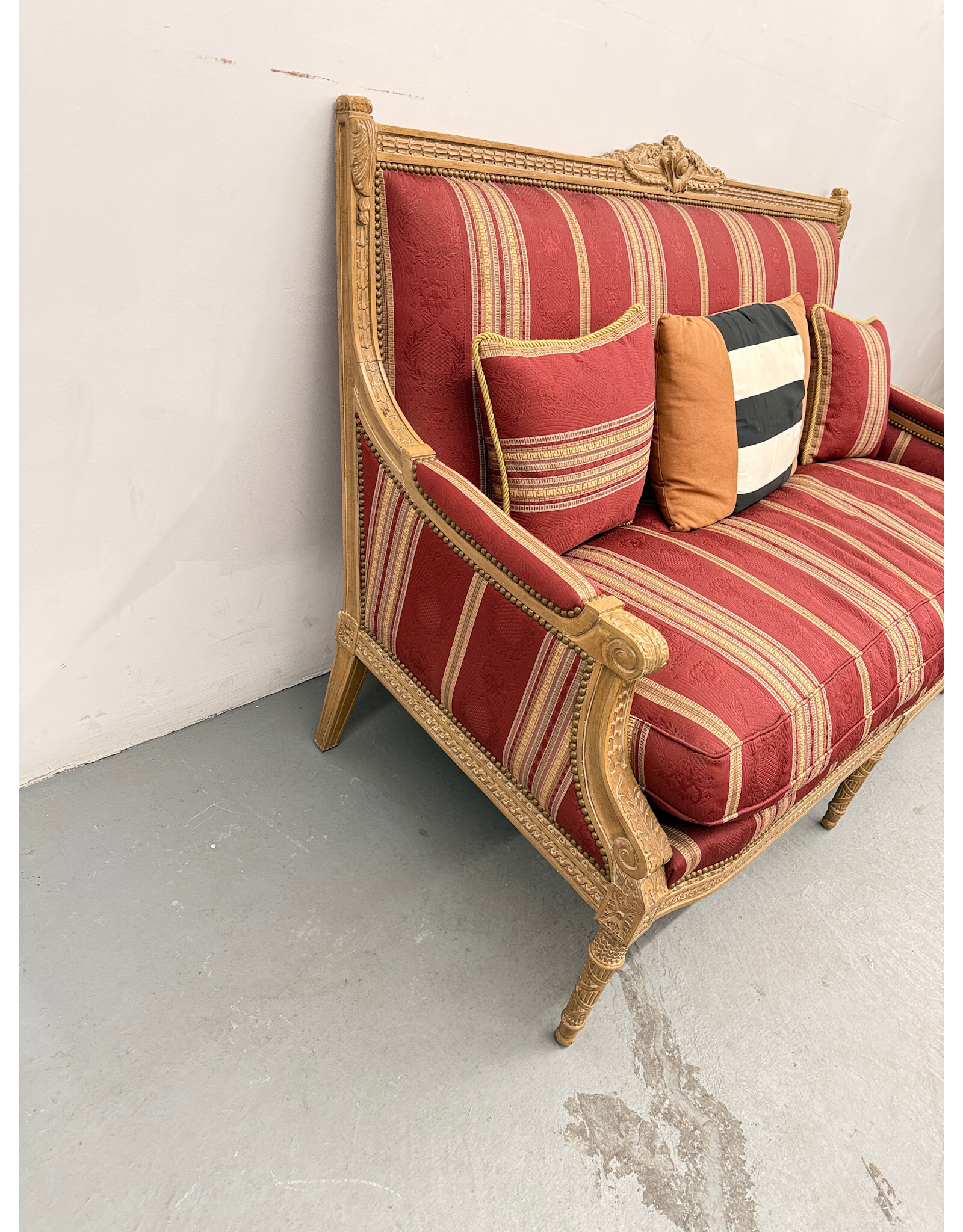 Louis XVII Style Red Striped Upholstered Settee