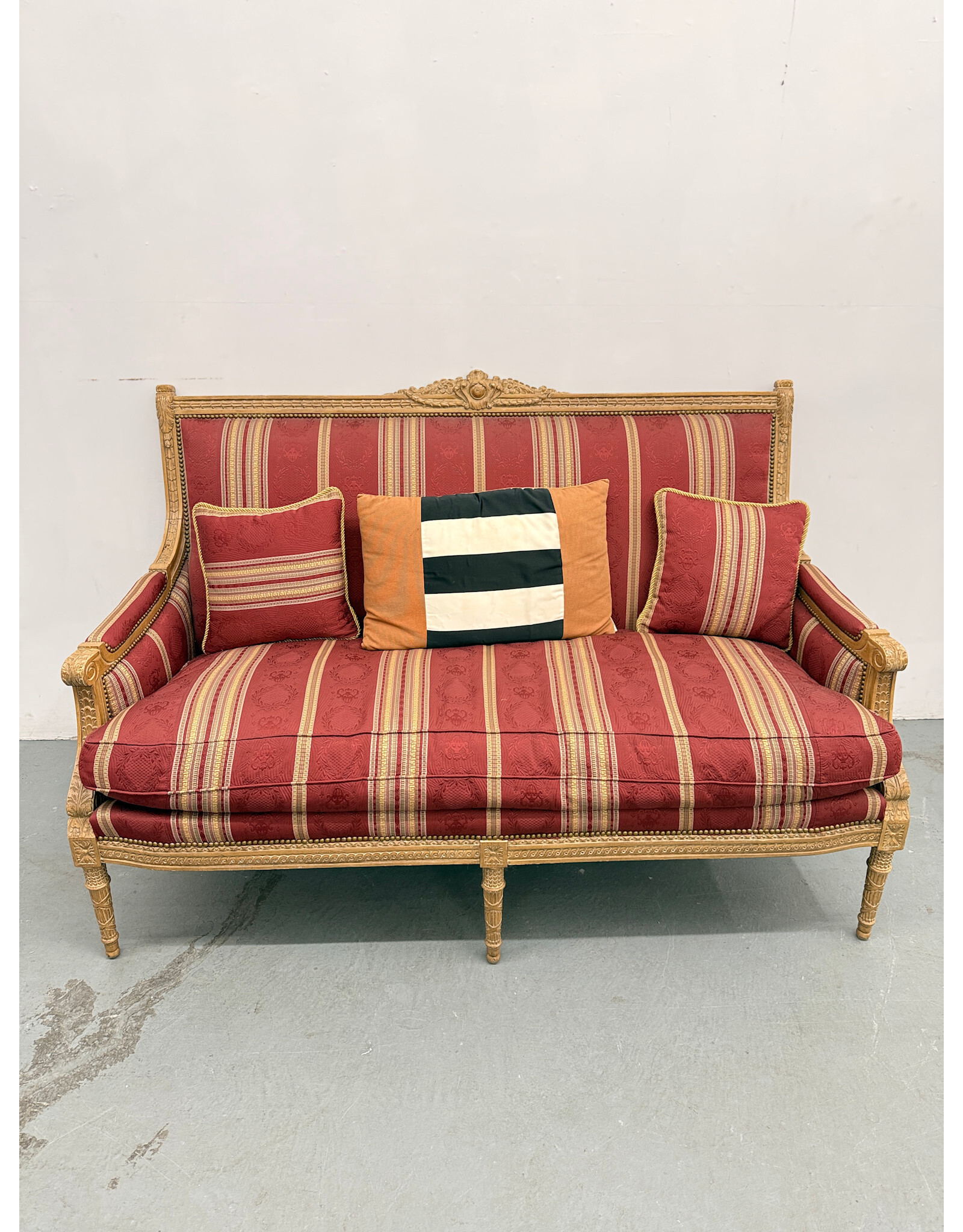 Louis XVII Style Red Striped Upholstered Settee