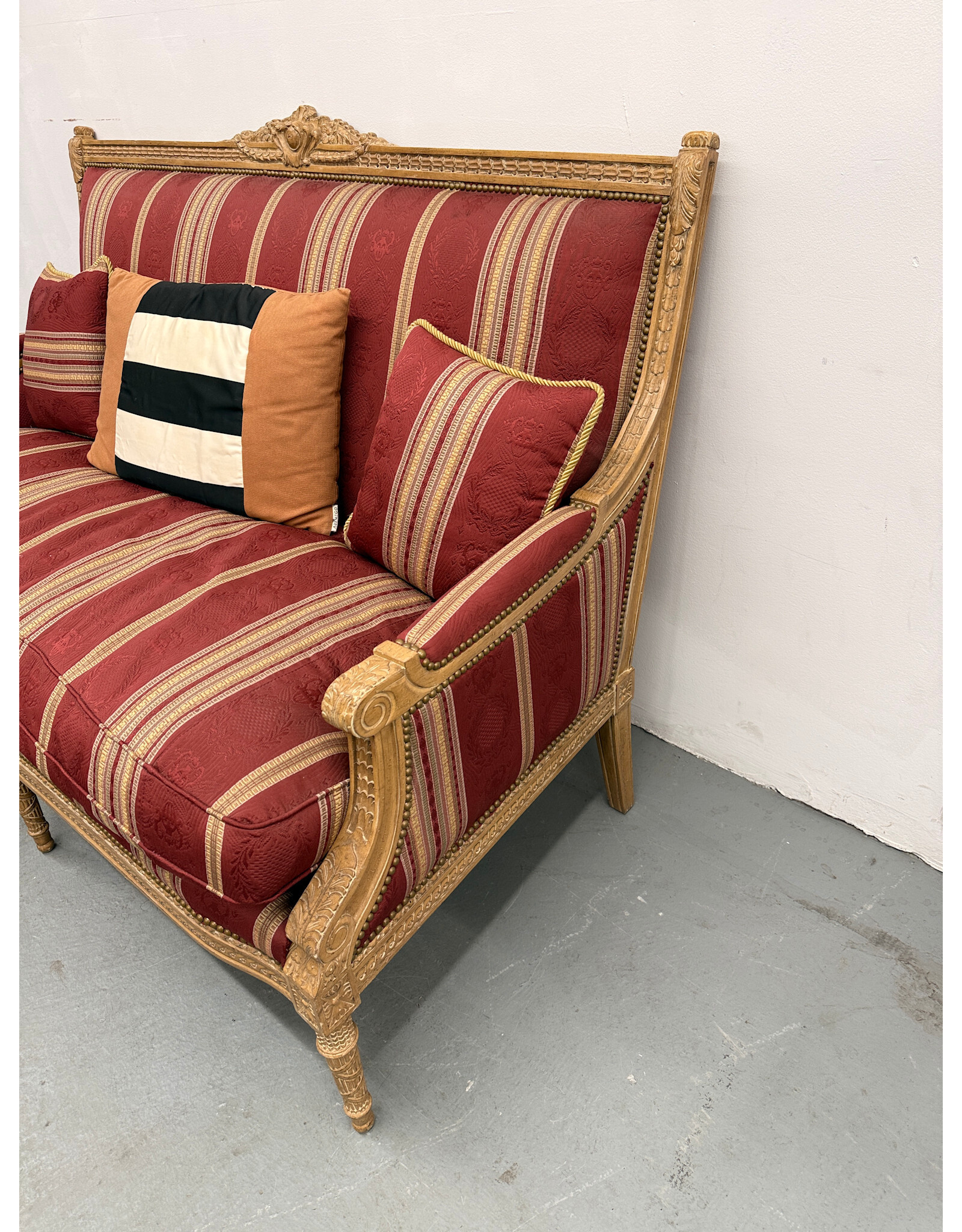 Louis XVII Style Red Striped Upholstered Settee