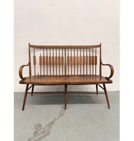 Mid-Century Modern "Declaration" walnut spindle back bench designed by Kipp Stewart and Stewart MacDougall