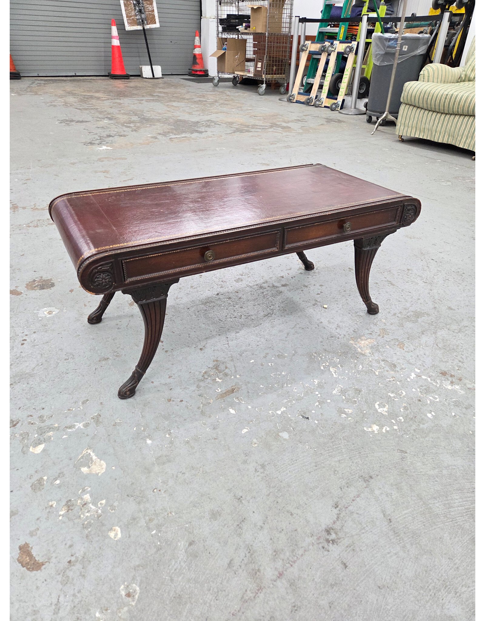 Art Deco Duncan Phyfe Leather Mahogany Two-Drawer Coffee Table