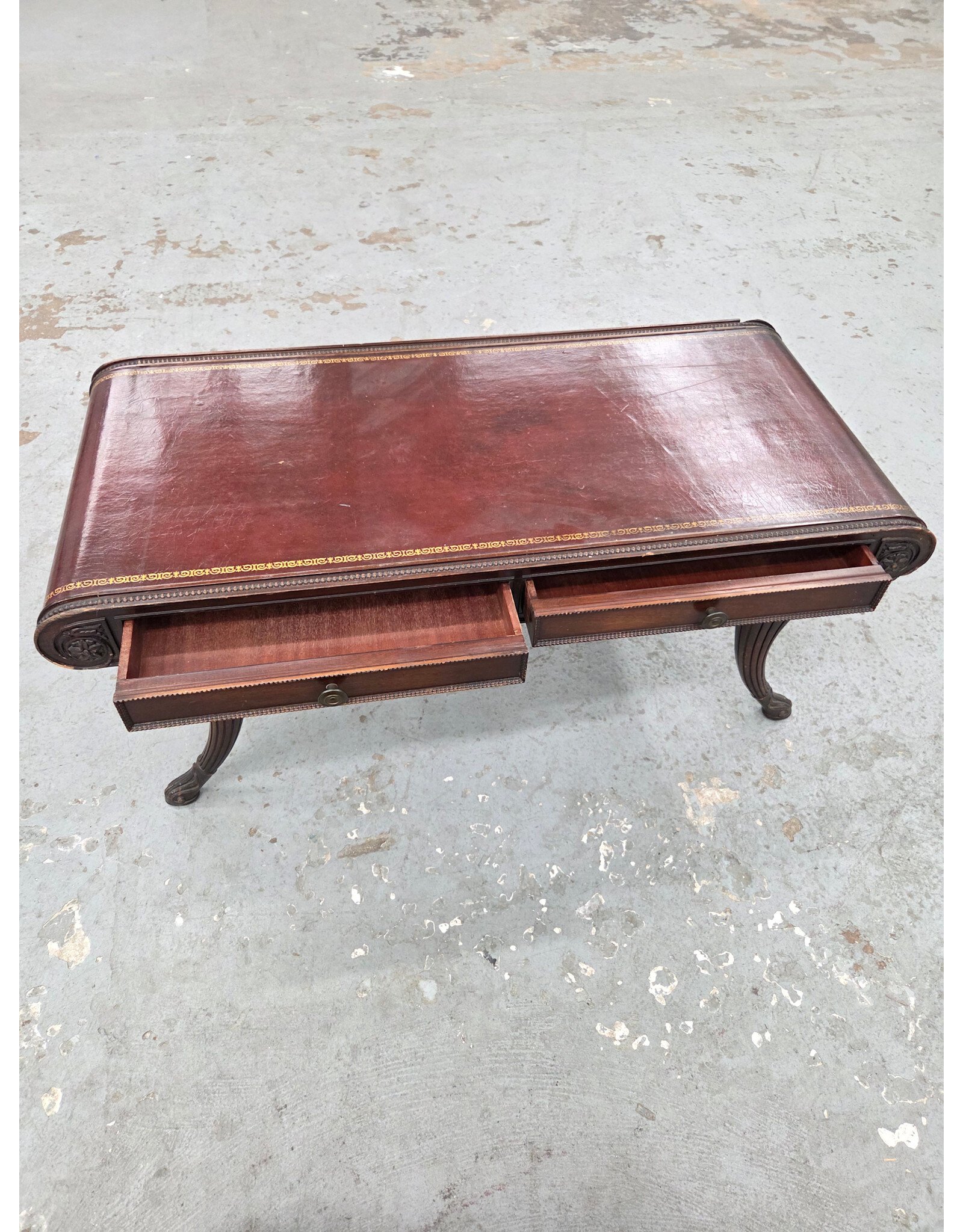 Art Deco Duncan Phyfe Leather Mahogany Two-Drawer Coffee Table