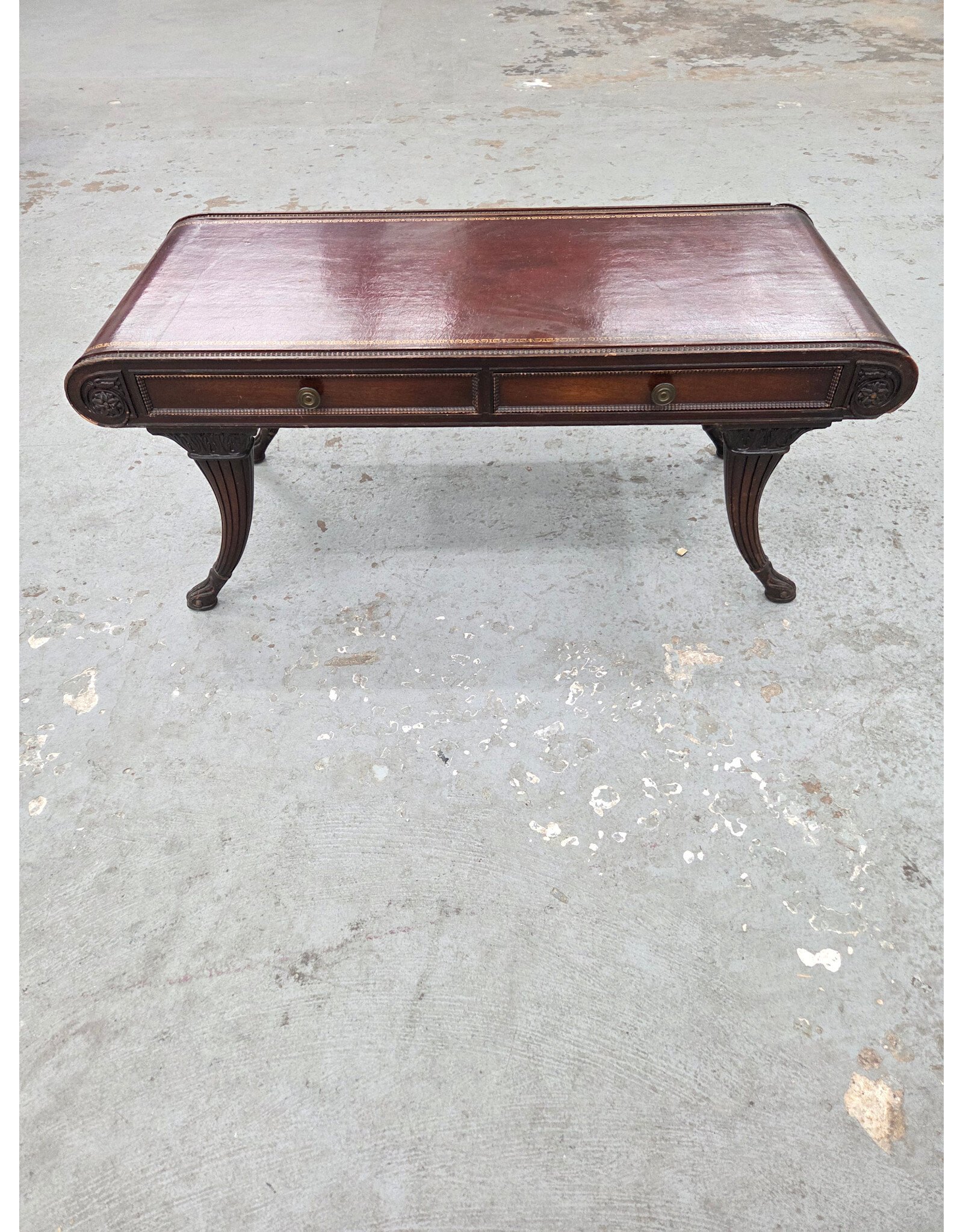 Art Deco Duncan Phyfe Leather Mahogany Two-Drawer Coffee Table