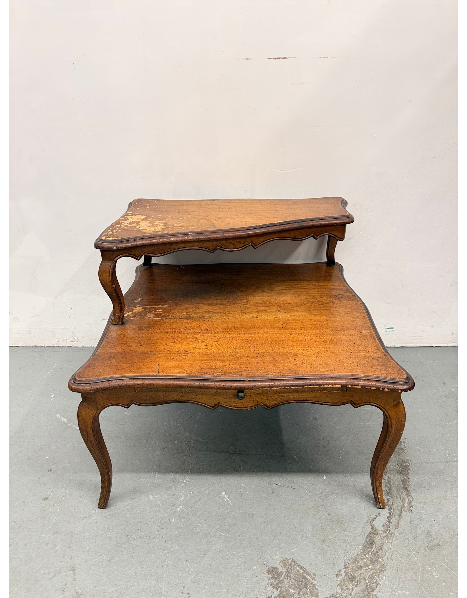 Vintage Louis XV Provincial Style Walnut Side Table, 2-Tier Design