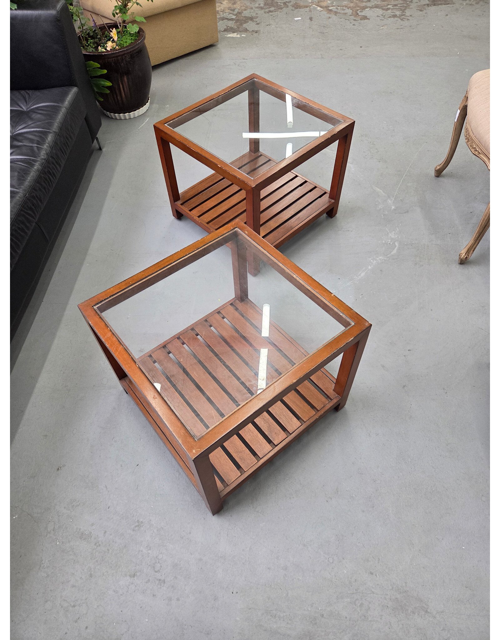 Wooden 2-Tier Glass Top Side Table