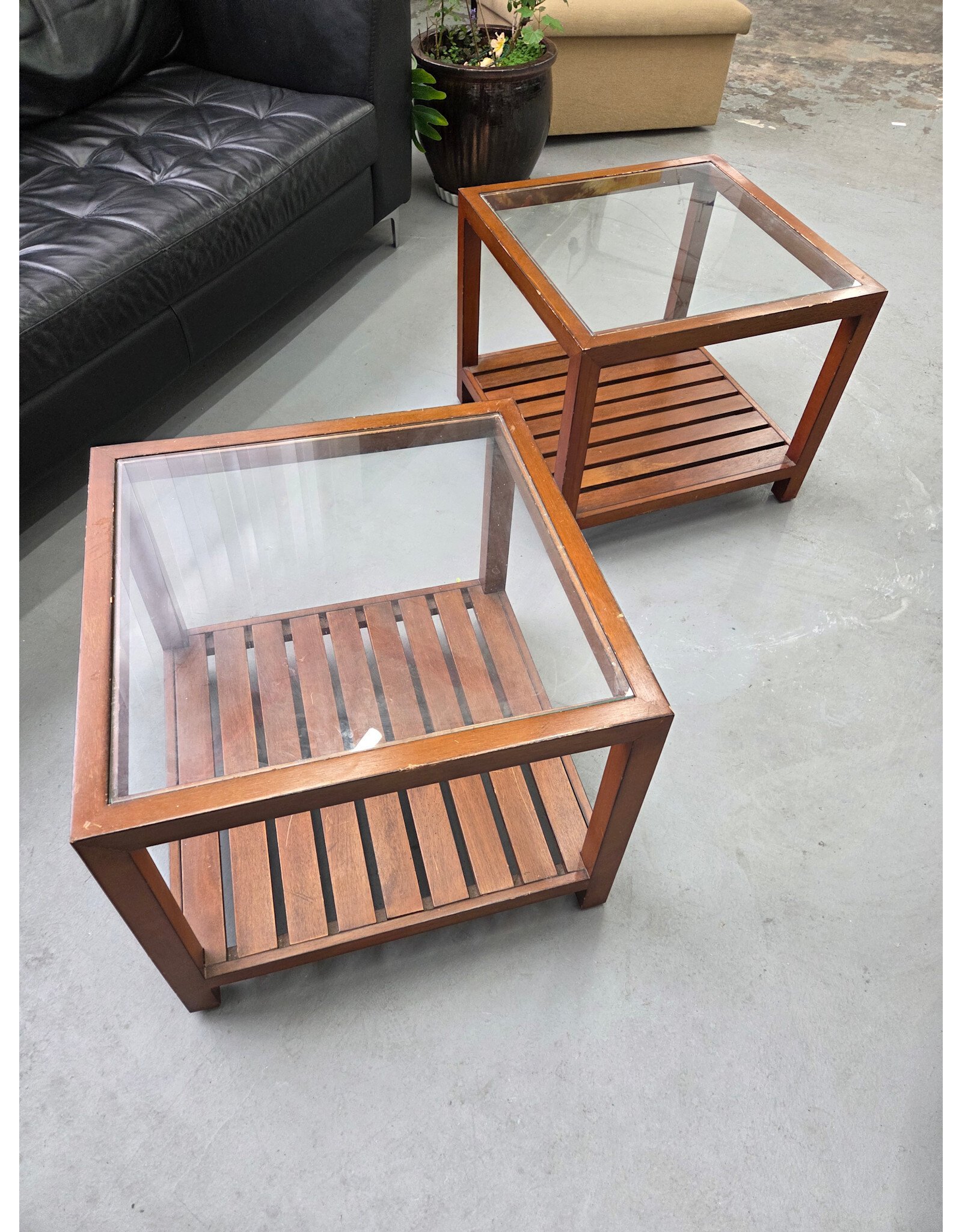 Wooden 2-Tier Glass Top Side Table