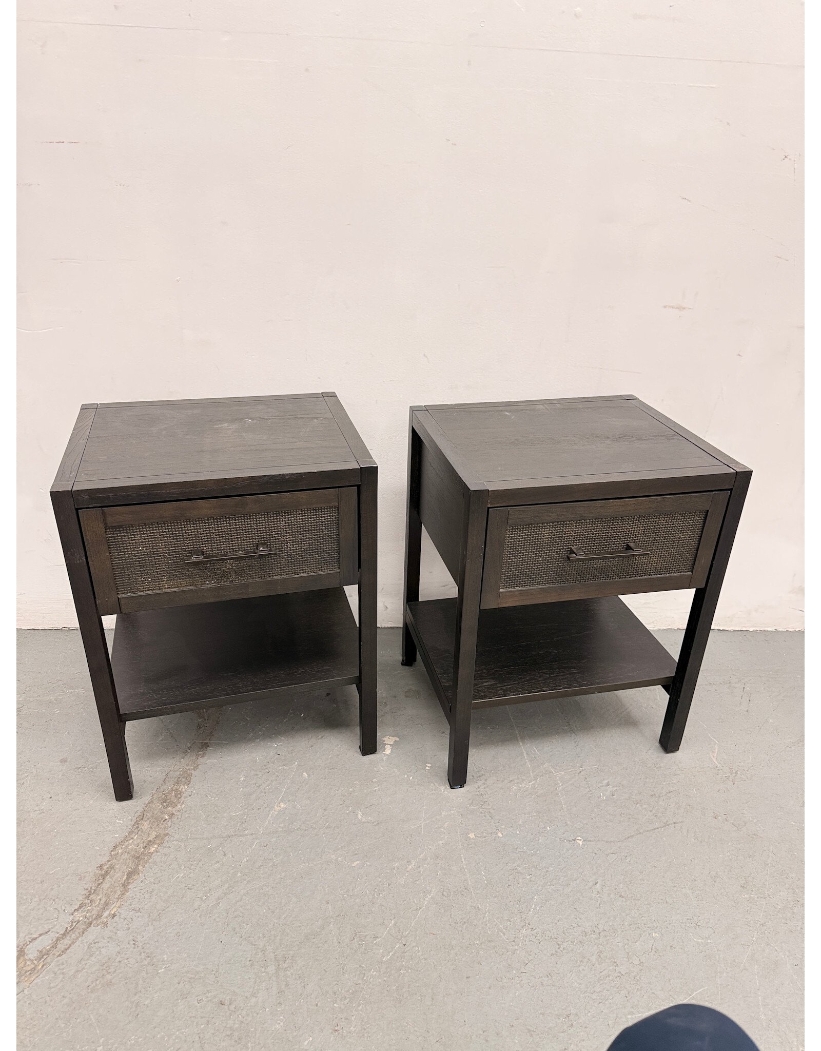Modern Dark Wood & Rattan Nightstand
