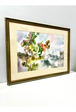 Waterfalls and Flowers, framed watercolor painting