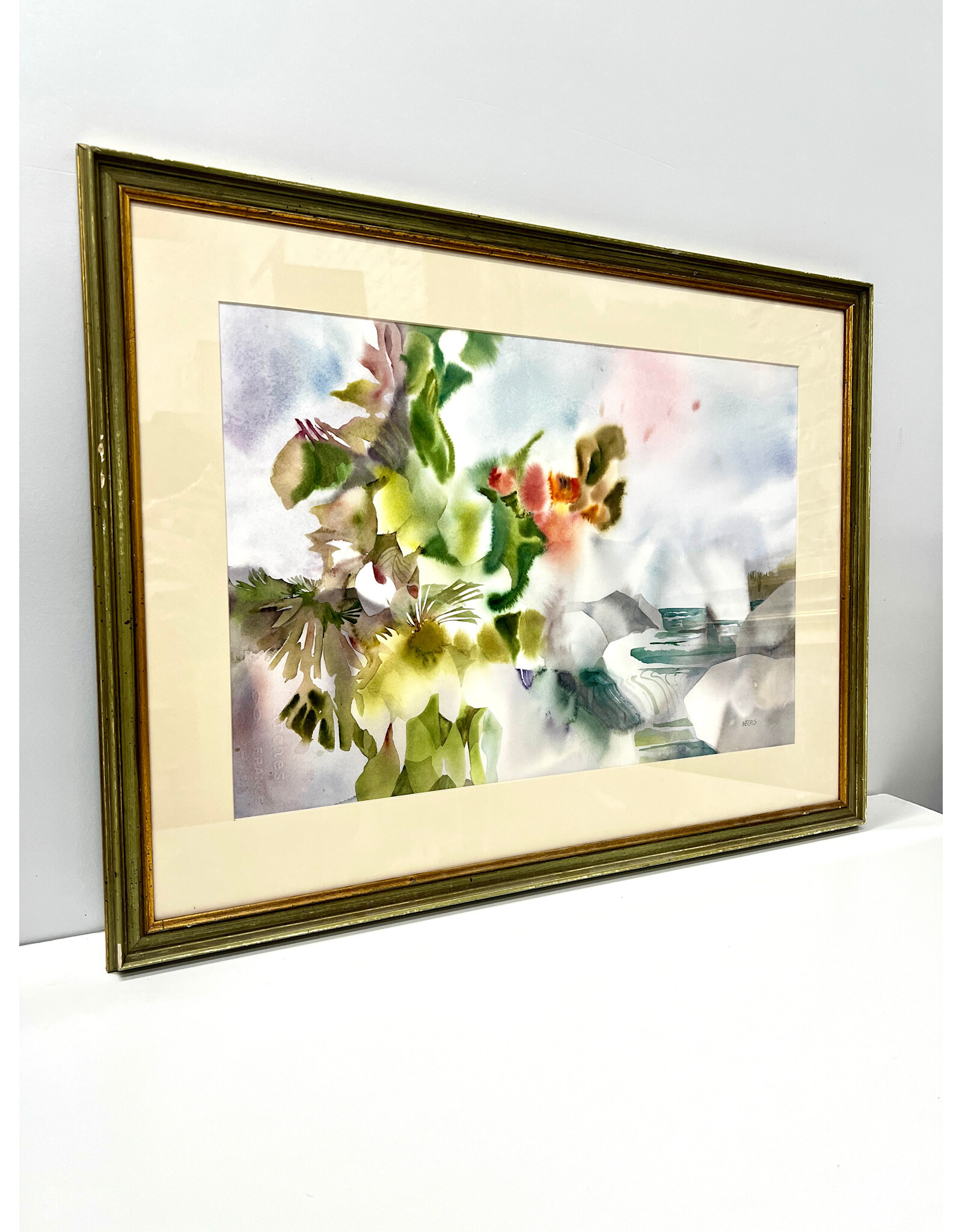 Waterfalls and Flowers, framed watercolor painting