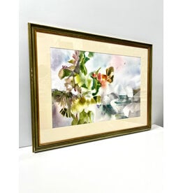 Waterfalls and Flowers, framed watercolor painting