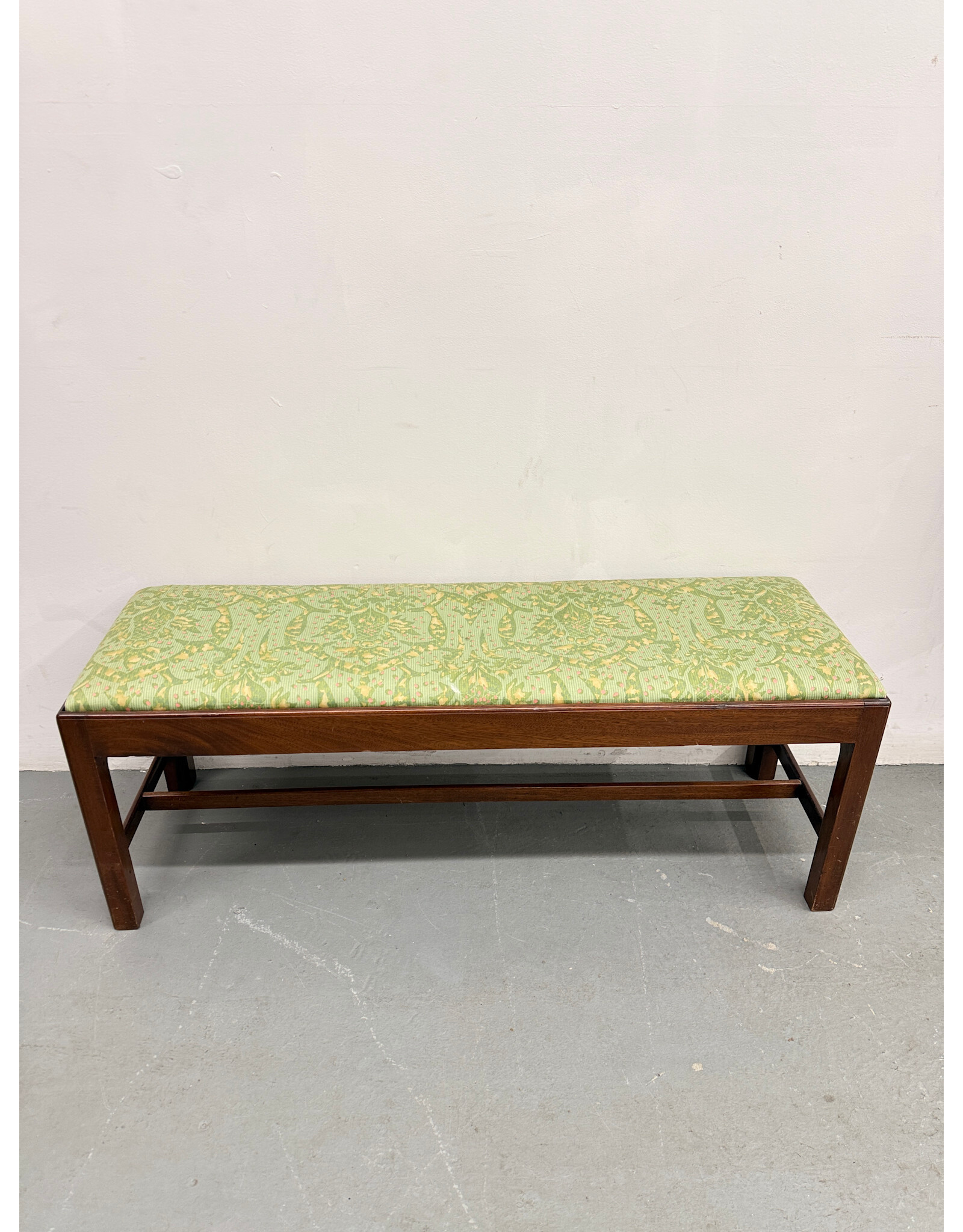 Vintage Light Green Upholstered Bench with Wooden Frame