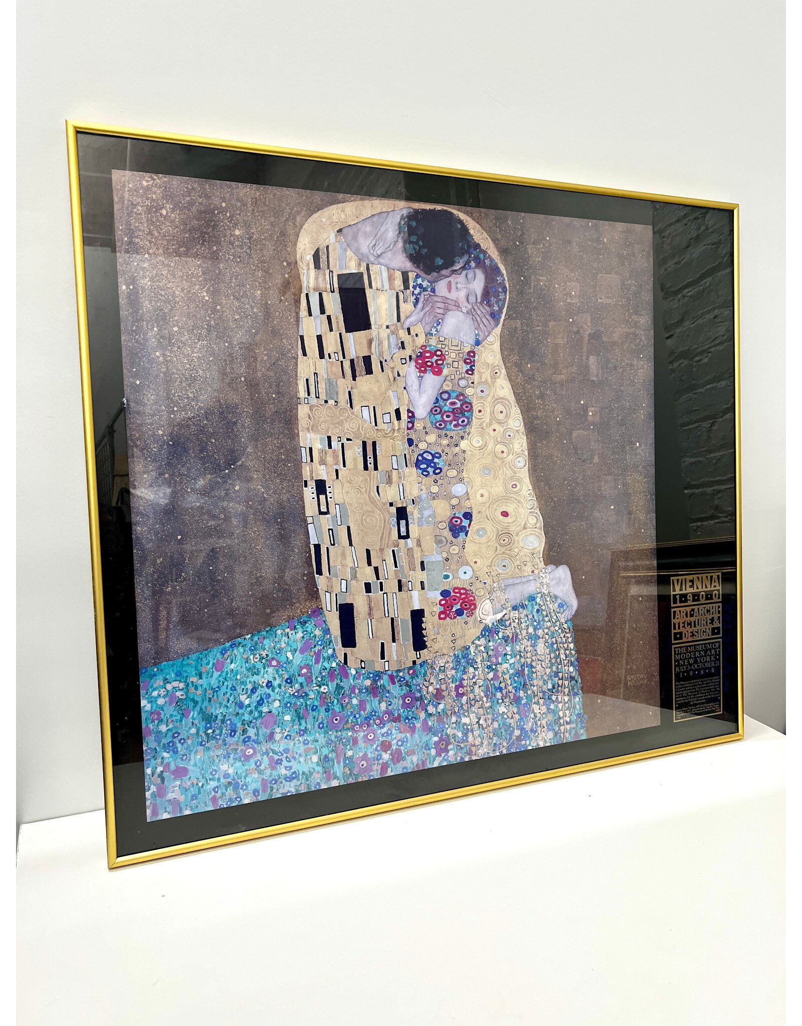 Vienna 1900 at the Museum of Modern Art, framed vintage poster featuring "The Kiss" by Gustav Klimt