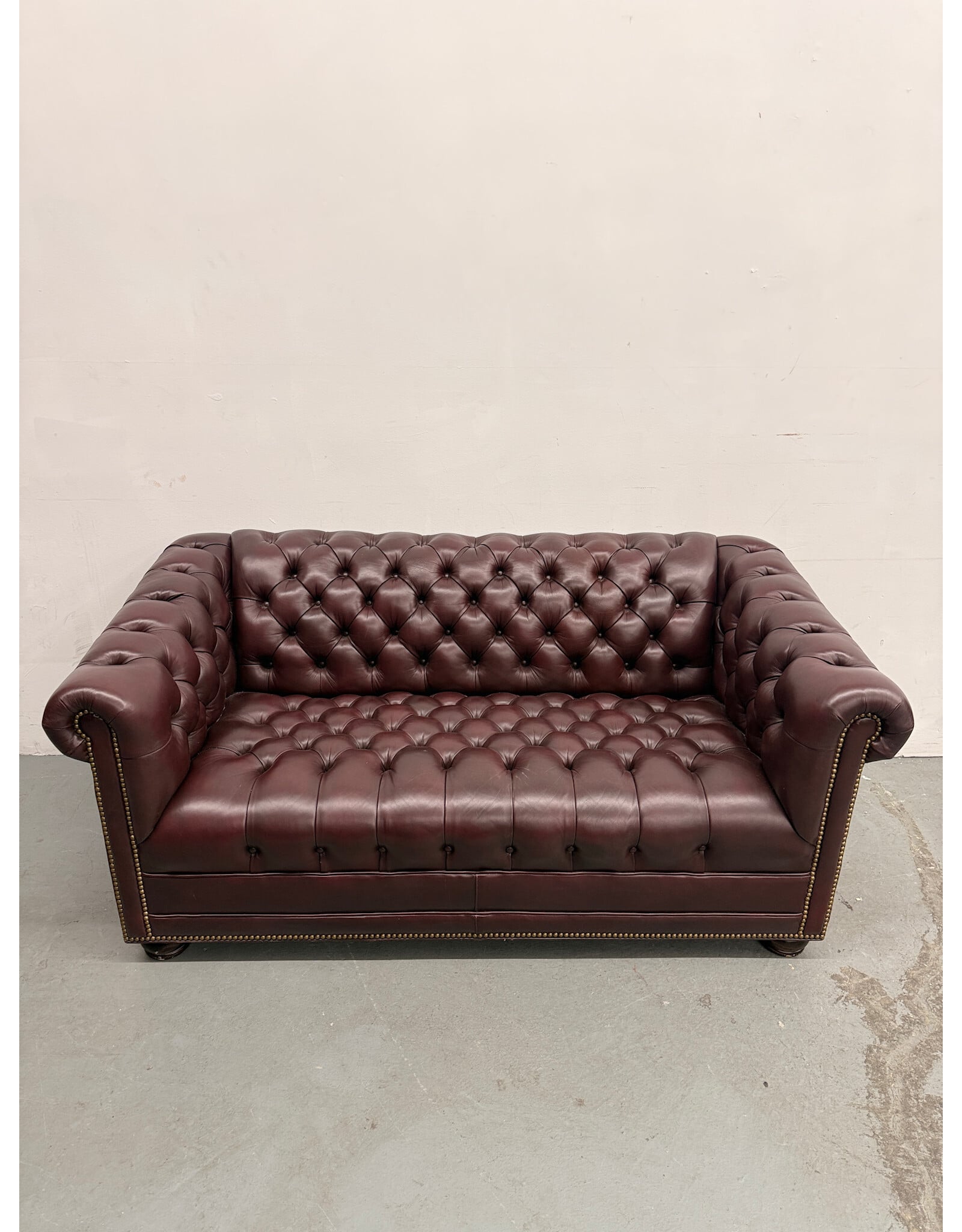 Vintage Style Burgundy Leather Chesterfield, Nailhead Trim