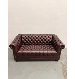 Vintage Style Burgundy Leather Chesterfield, Nailhead Trim
