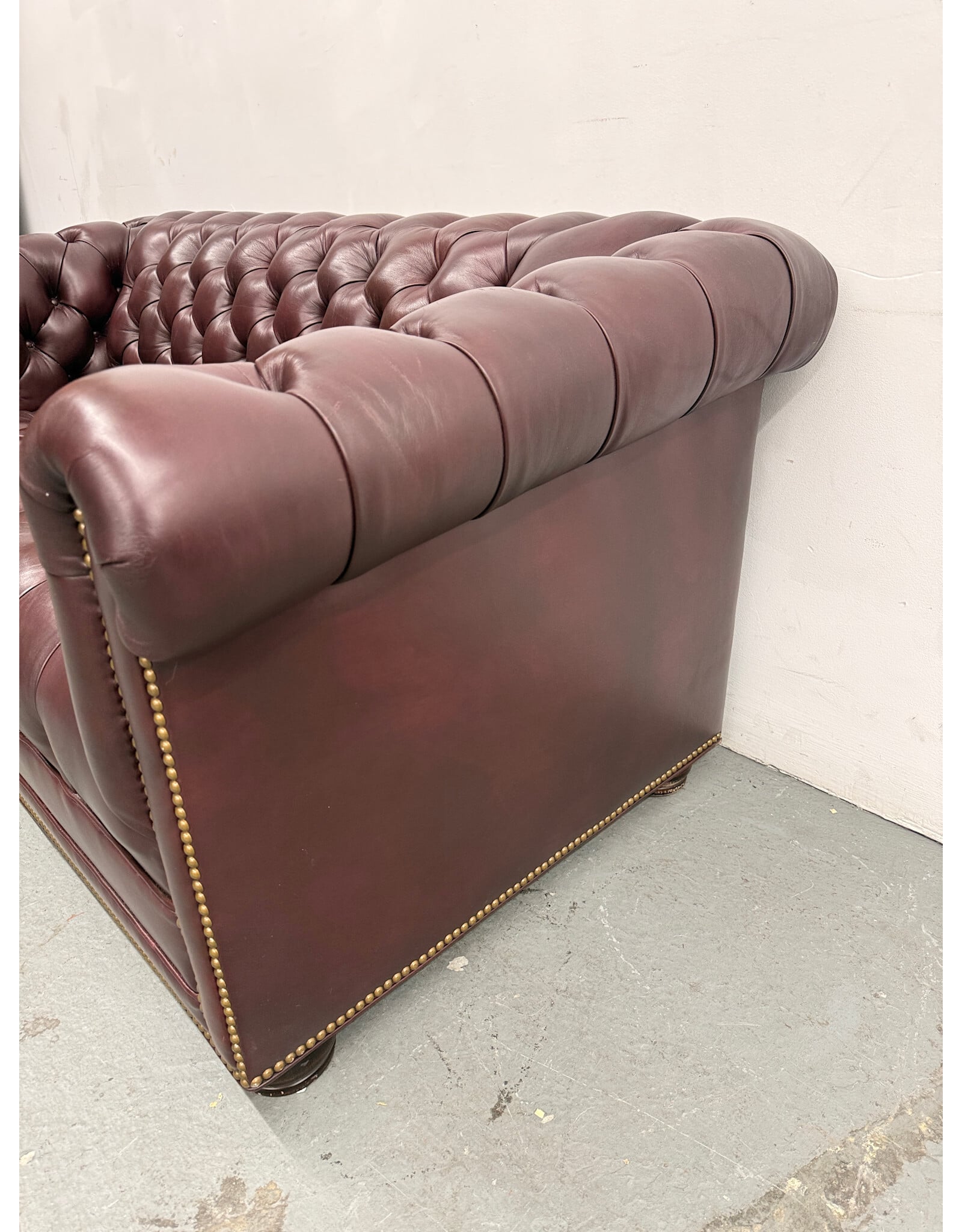 Vintage Style Burgundy Leather Chesterfield, Nailhead Trim