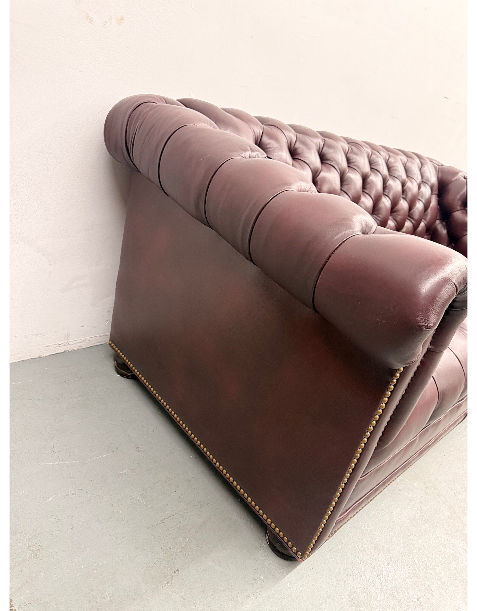 Vintage Style Burgundy Leather Chesterfield, Nailhead Trim