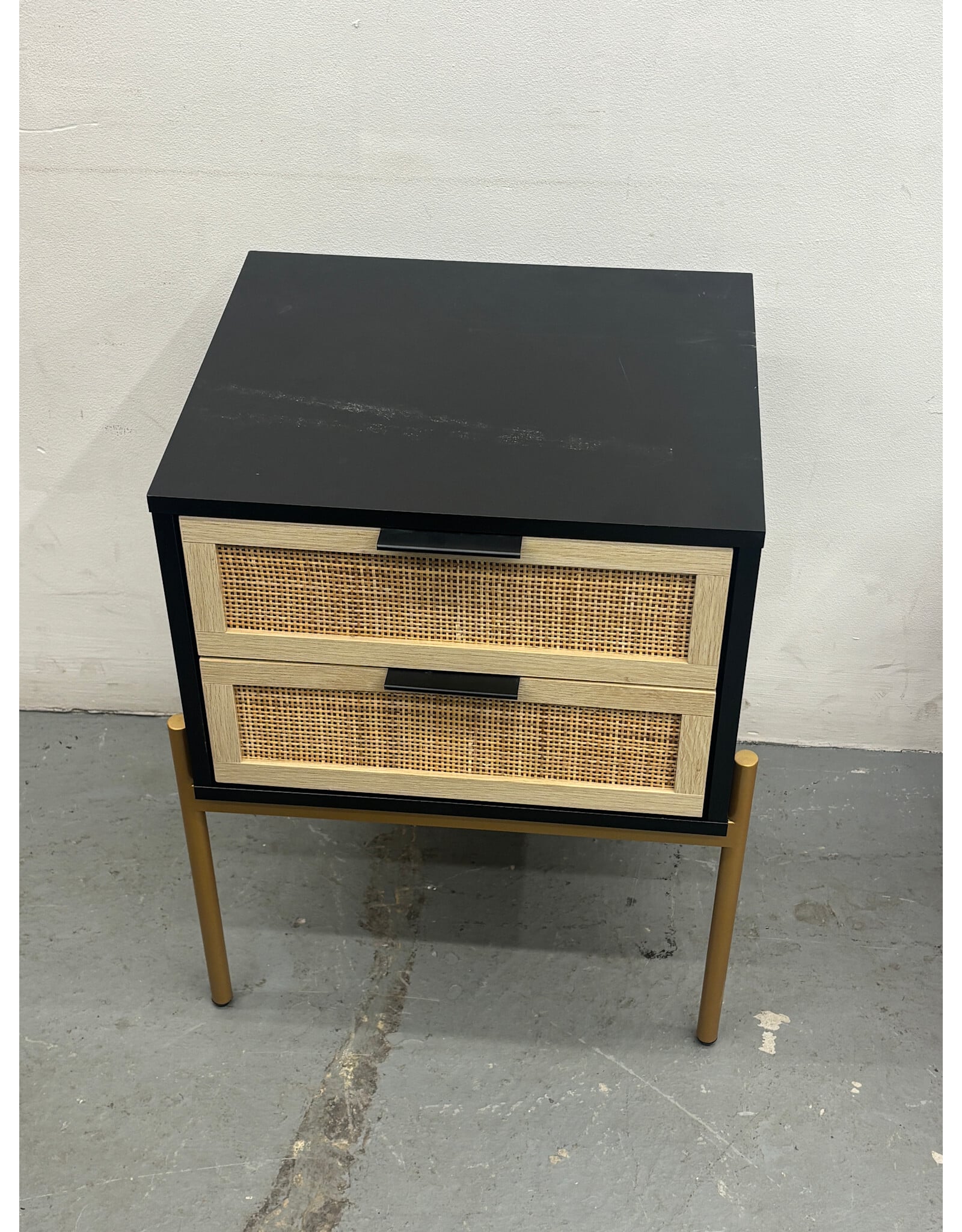 Black and Rattan 2 Drawer Nightstand