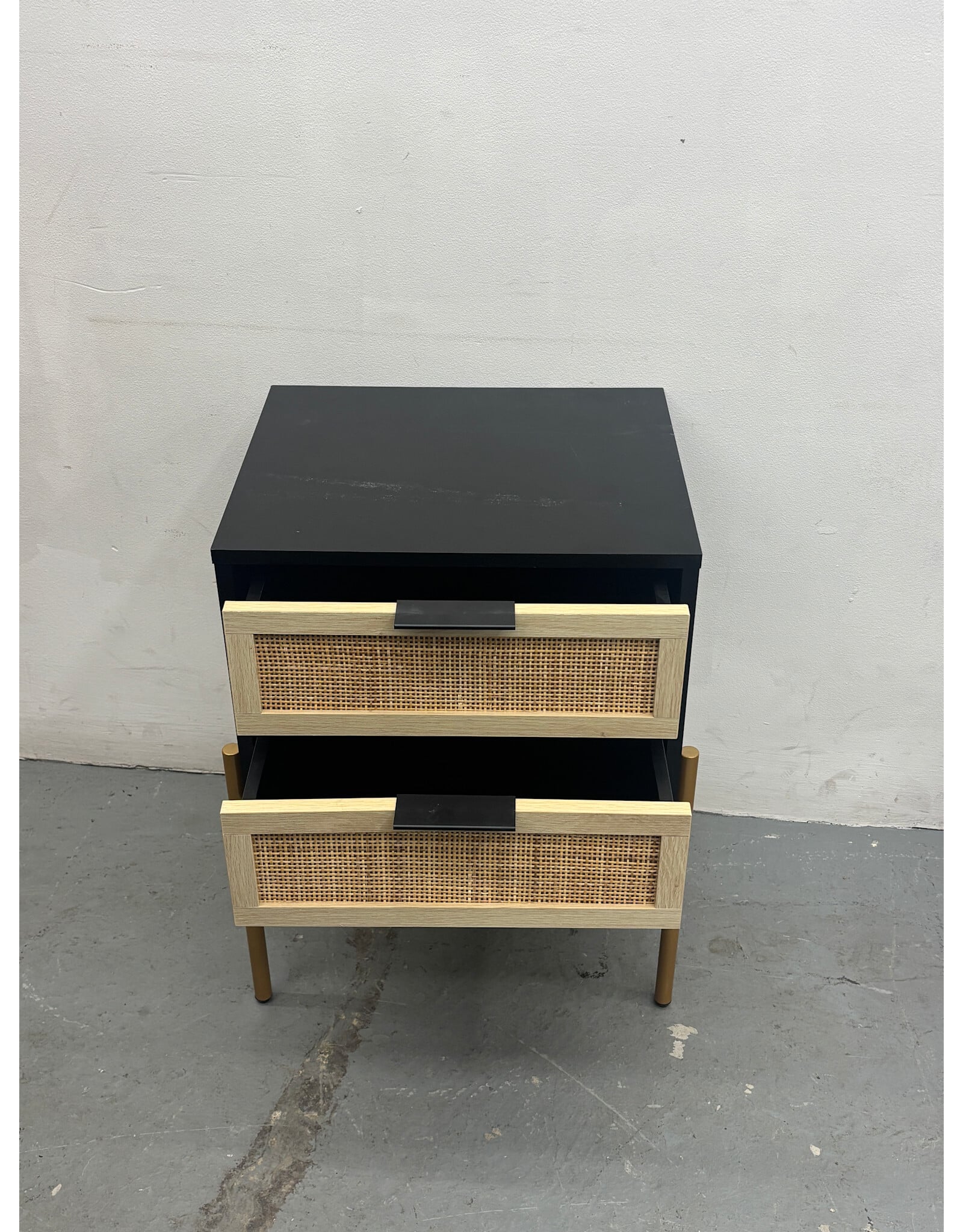 Black and Rattan 2 Drawer Nightstand