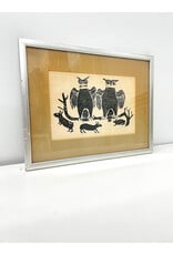 Owls and Rabbits, framed Inuit stonecut, by Joe Talirunili