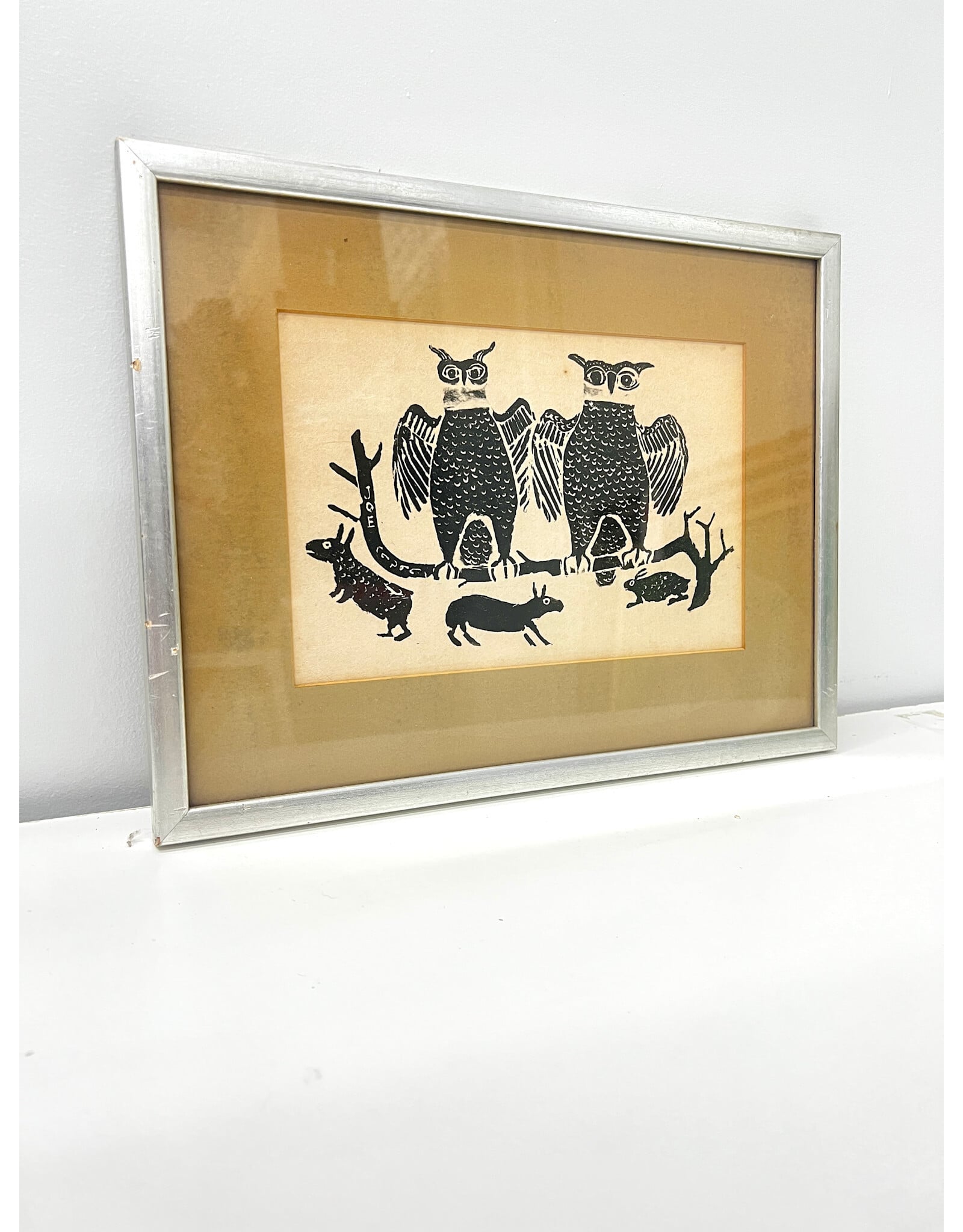 Owls and Rabbits, framed Inuit stonecut, by Joe Talirunili