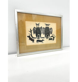 Owls and Rabbits, framed Inuit stonecut, by Joe Talirunili