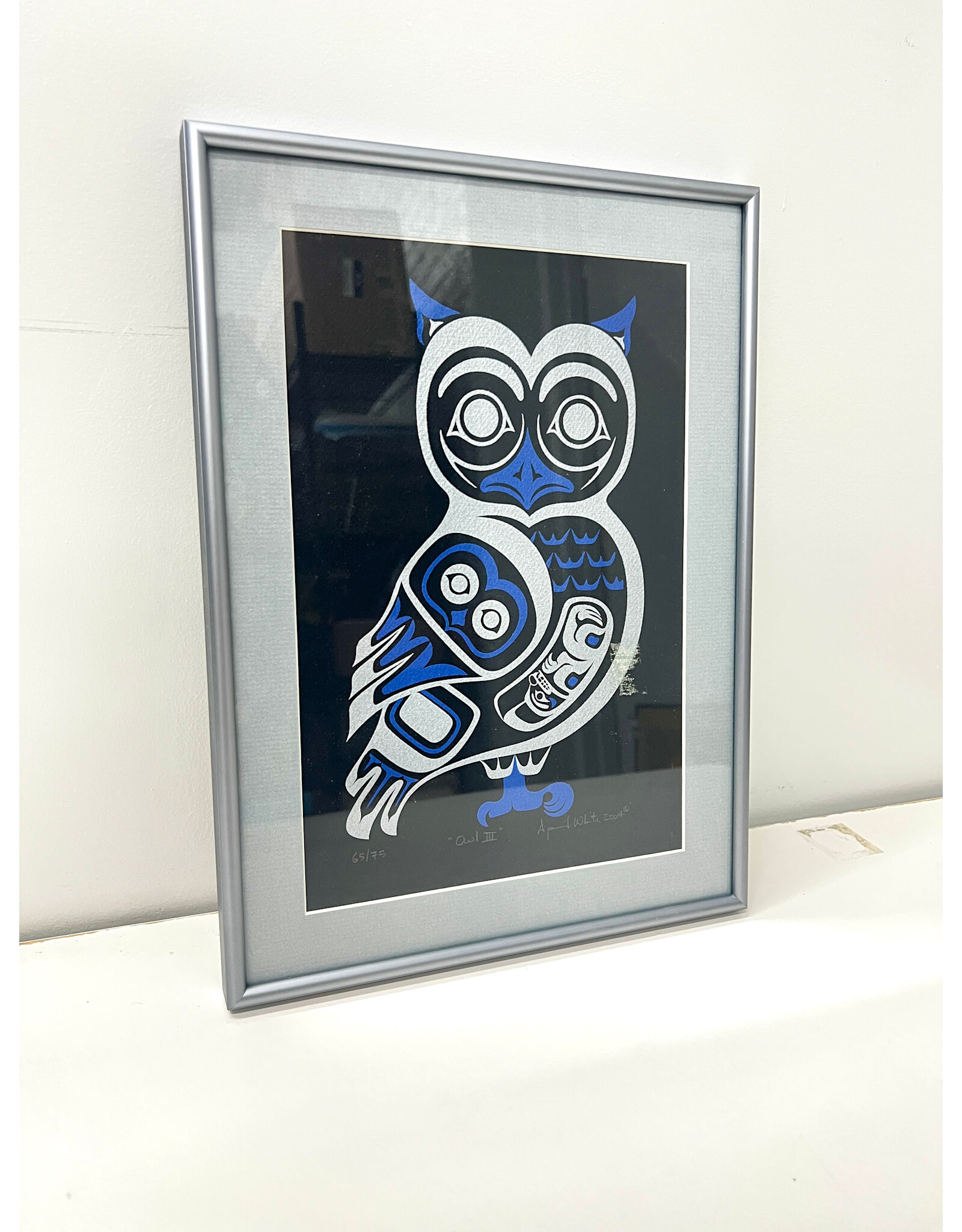 Owl III by April White, framed-pulled serigraph, 65/75