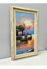 Fishing Boats in Sunset, framed oil on canvas