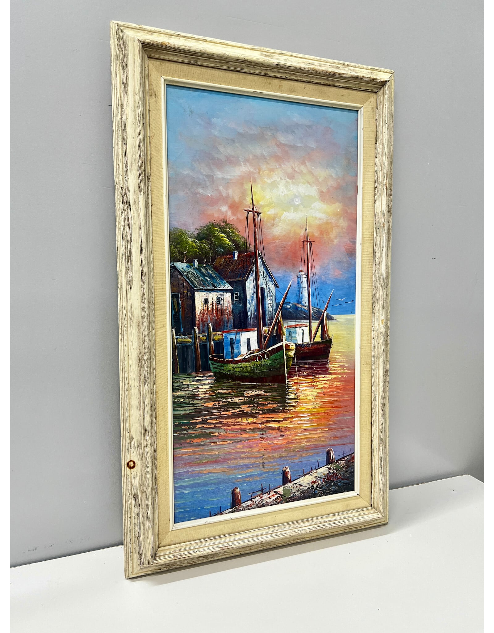 Fishing Boats in Sunset, framed oil on canvas