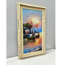 Fishing Boats in Sunset, framed oil on canvas