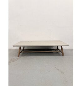 Crate & Barrel Fen Rectangular Outdoor Coffee Table with a concrete top and teak wood legs