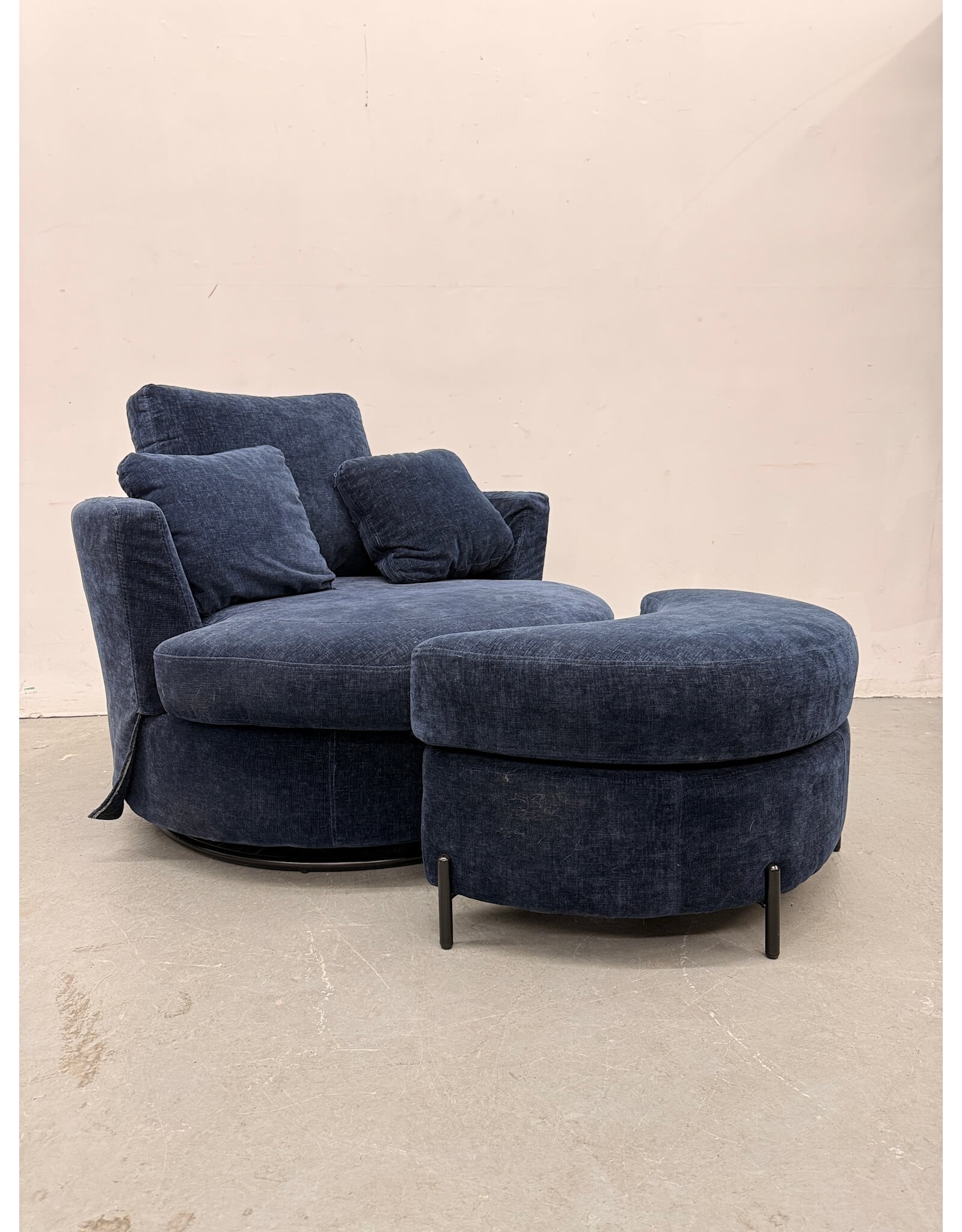 Modern Blue Upholstered Swivel Chair with Storage Ottoman