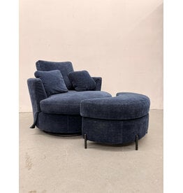 Modern Blue Upholstered Swivel Chair with Storage Ottoman