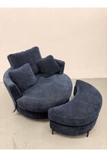 Modern Blue Upholstered Swivel Chair with Storage Ottoman