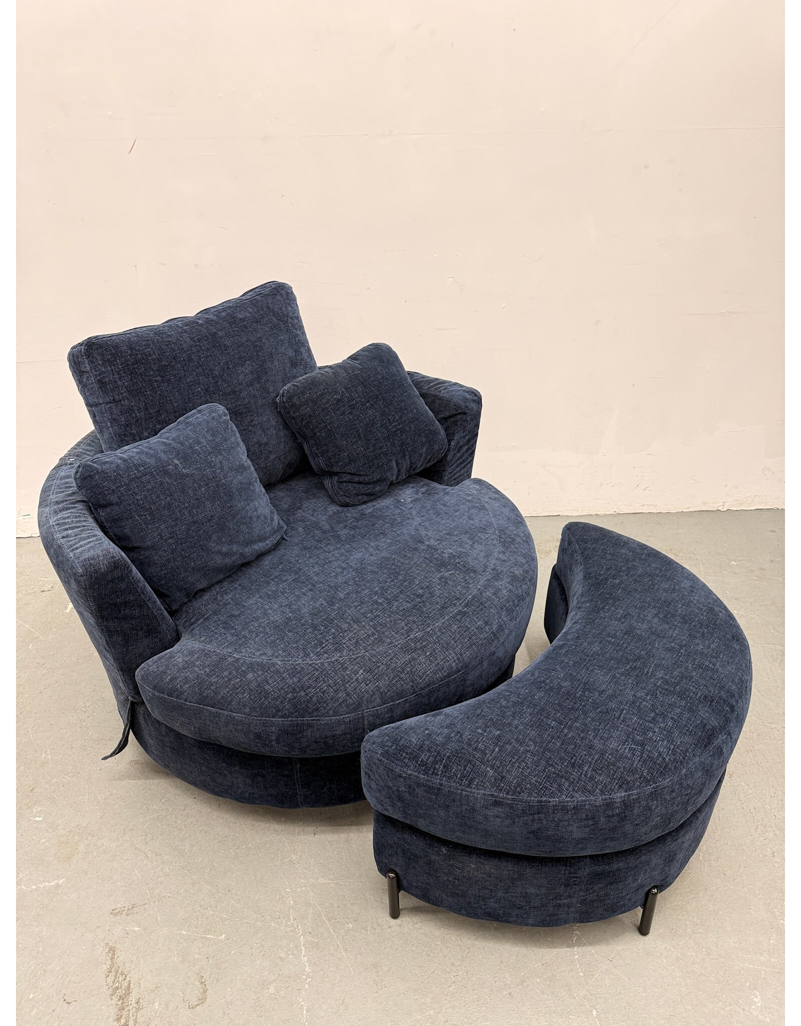 Modern Blue Upholstered Swivel Chair with Storage Ottoman