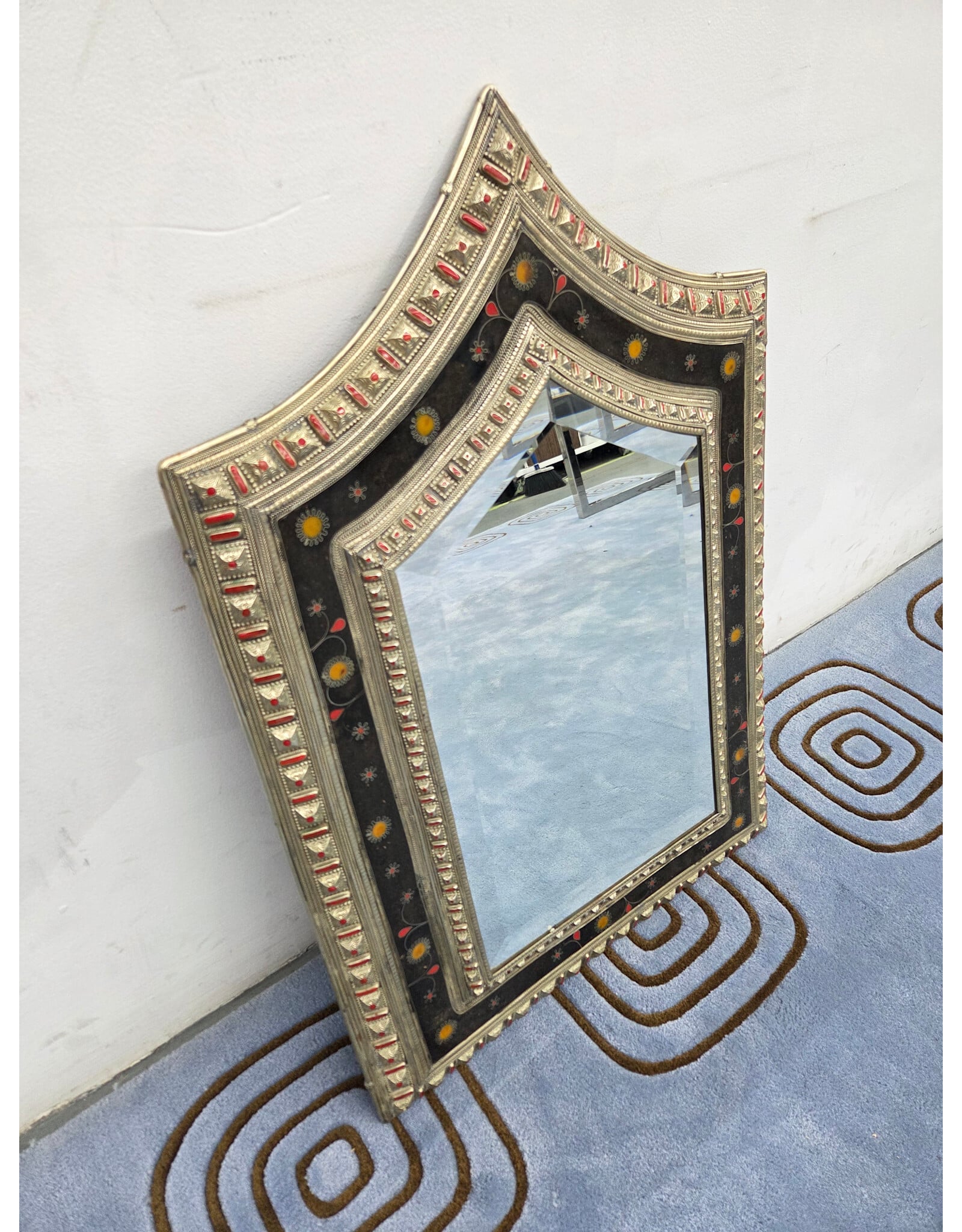 Indian Nickel Silver and Wire Inlay Beveled Hanging Mirror