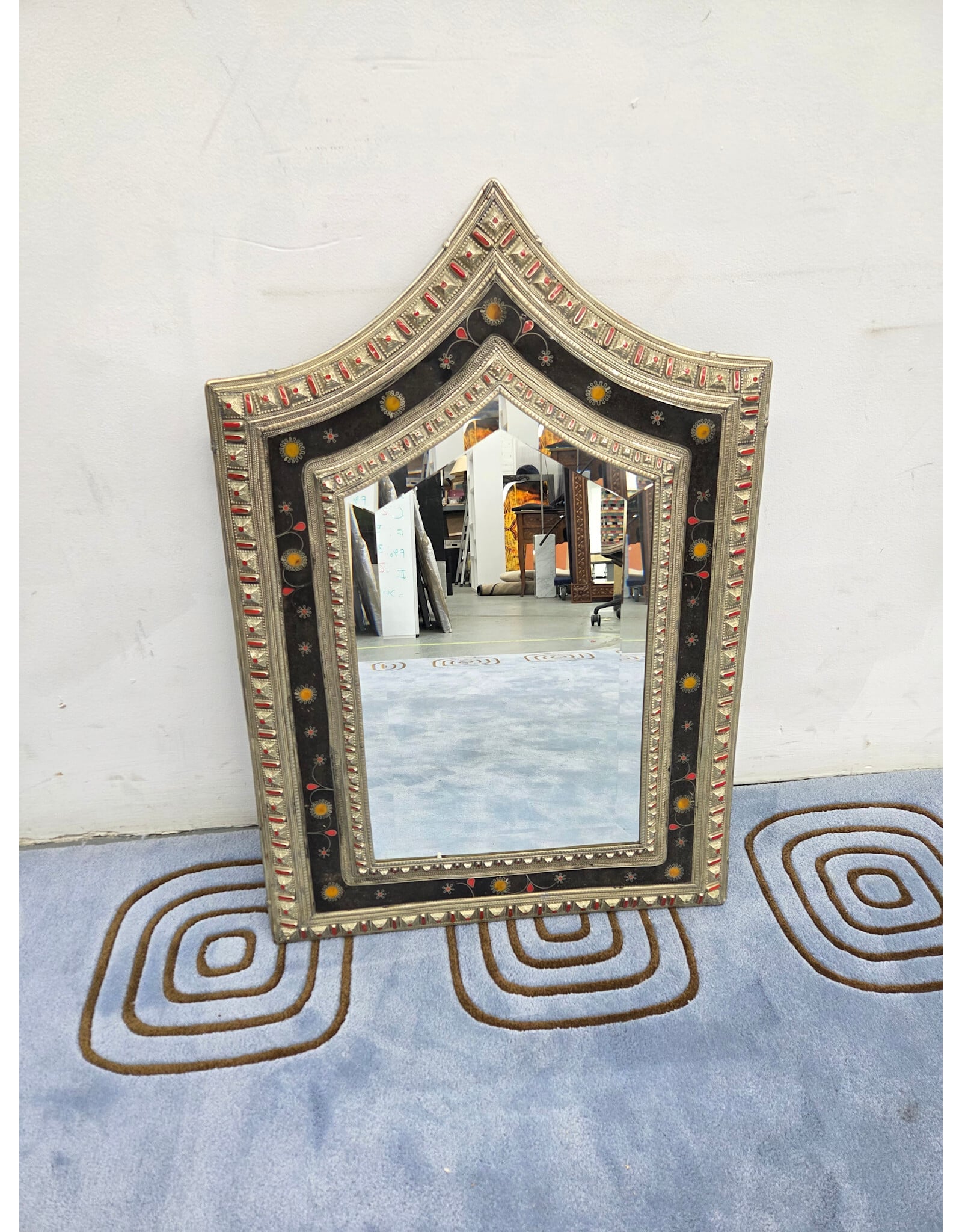 Indian Nickel Silver and Wire Inlay Beveled Hanging Mirror