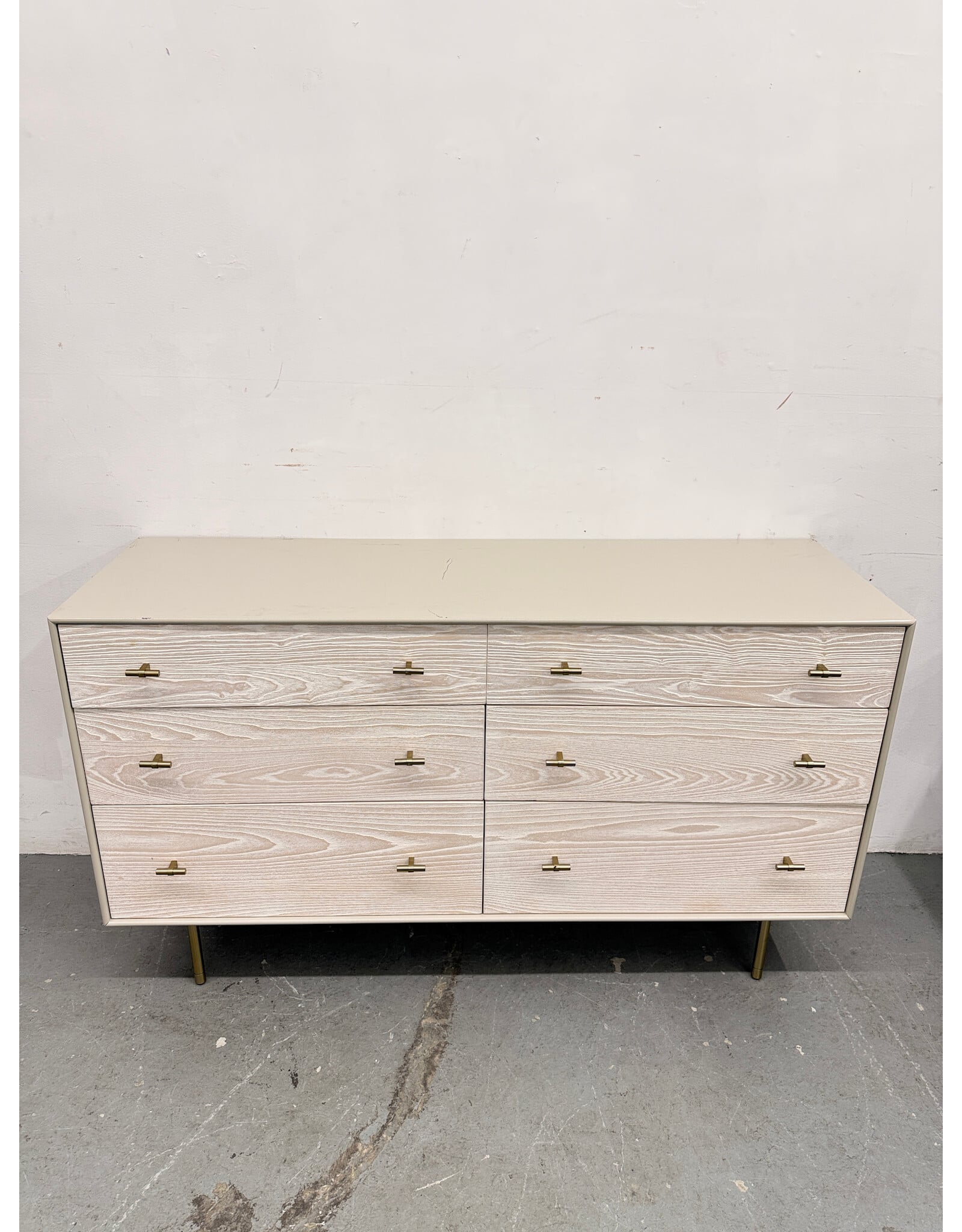 West Elm Modernist 6-Drawer Dresser in a Winter Wood and Flax finish.