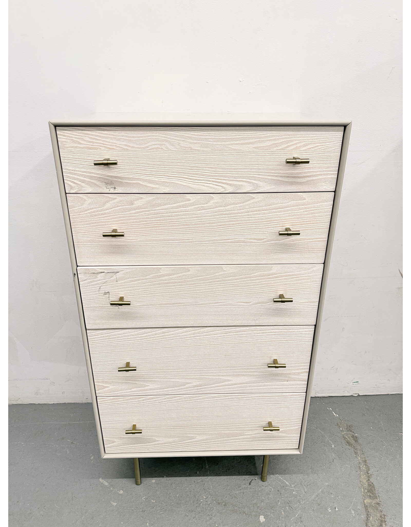 West Elm Modernist Wood & Lacquer 5-Drawer Dresser in a winter wood finish.