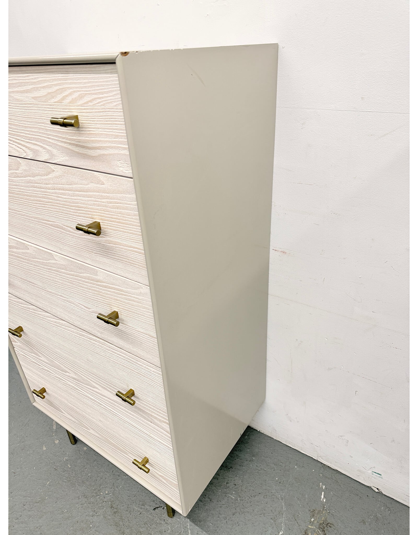 West Elm Modernist Wood & Lacquer 5-Drawer Dresser in a winter wood finish.