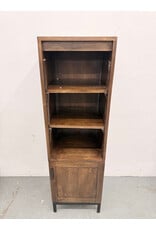 Crate & Barrel Wyatt Grey Media Storage Tower with three open shelves and a lower cabinet