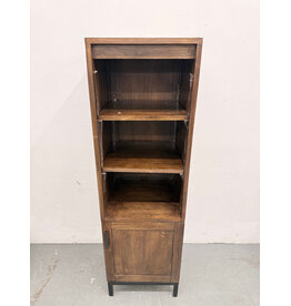 Crate & Barrel Wyatt Grey Media Storage Tower with three open shelves and a lower cabinet