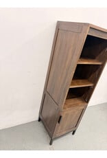 Crate & Barrel Wyatt Grey Media Storage Tower with three open shelves and a lower cabinet
