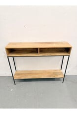 West Elm Industrial Storage Skinny Console in a natural mango wood finish with a black steel frame