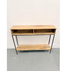 West Elm Industrial Storage Skinny Console in a natural mango wood finish with a black steel frame