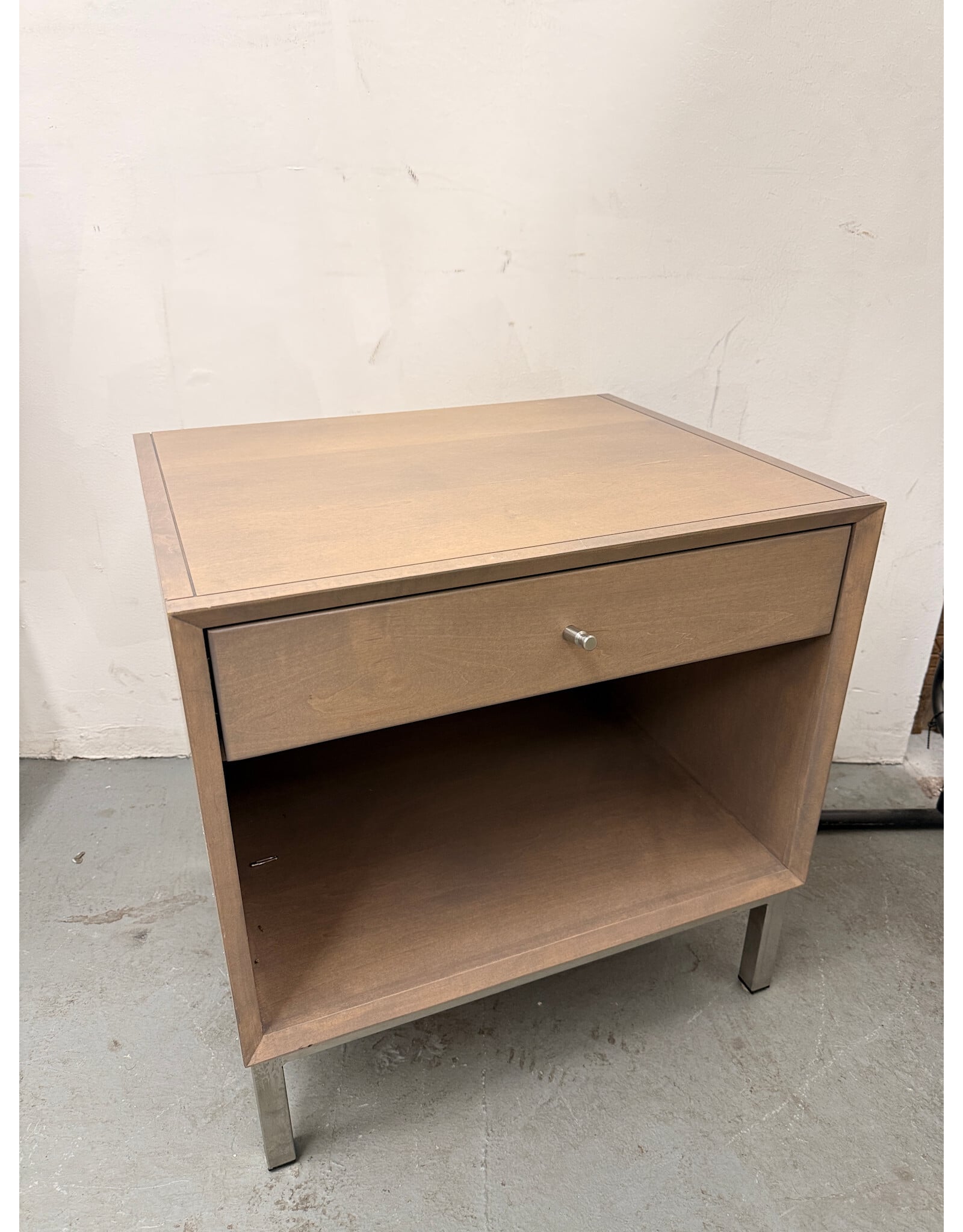Room & Board Delano Nightstand with a single drawer and stainless steel base