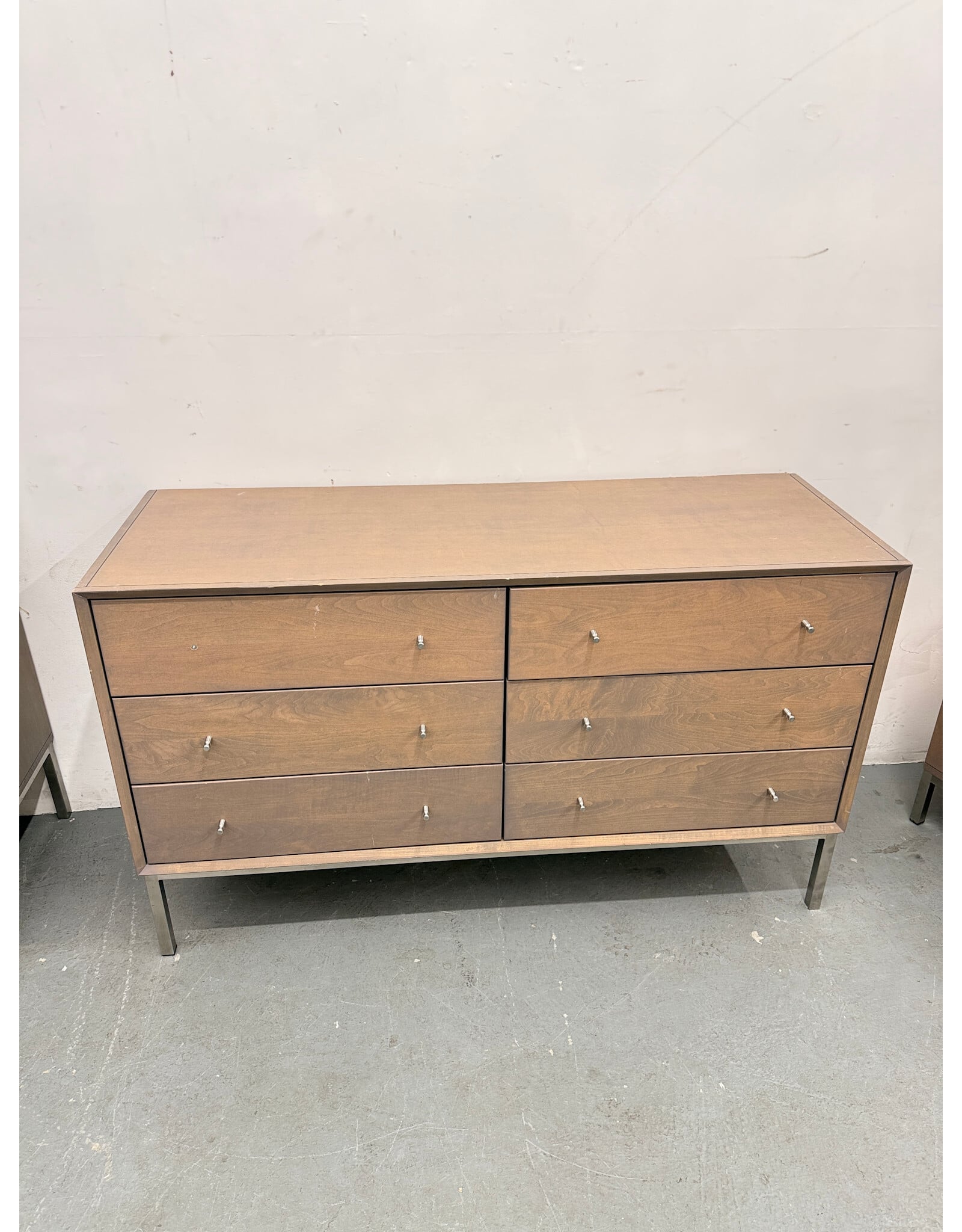 Room & Board Delano 6-Drawer dresser in a wood finish with stainless steel legs and knobs
