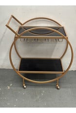Around We Go Brass and Black Glass Rolling Bar Cart
