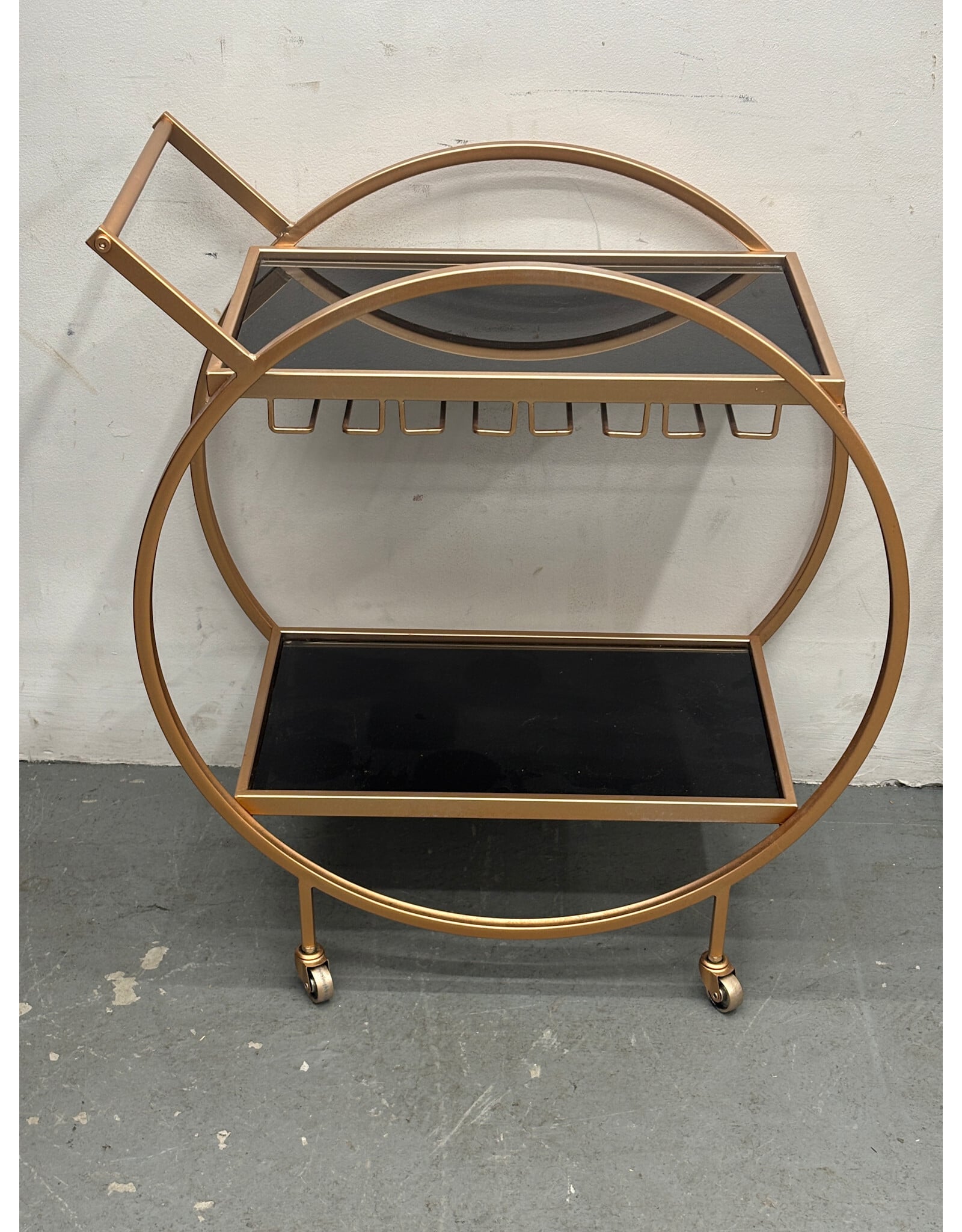 Around We Go Brass and Black Glass Rolling Bar Cart