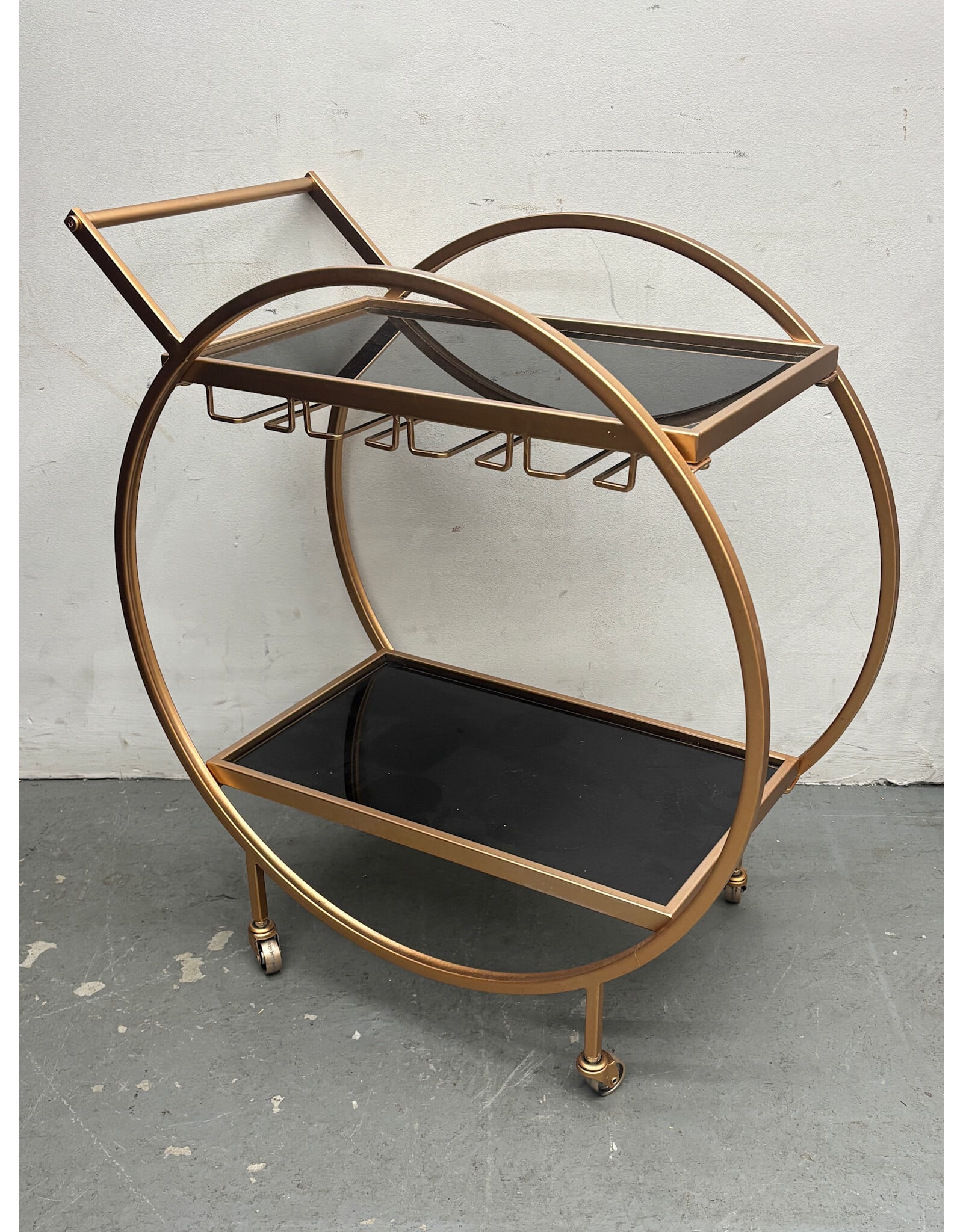 Around We Go Brass and Black Glass Rolling Bar Cart